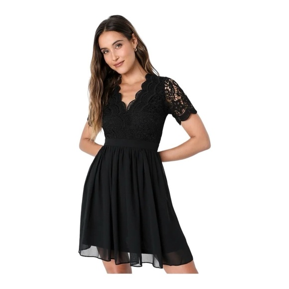 Lulus Black Lace Short Sleeve Skater Mini Cocktail Dress Medium - Picture 4 of 11